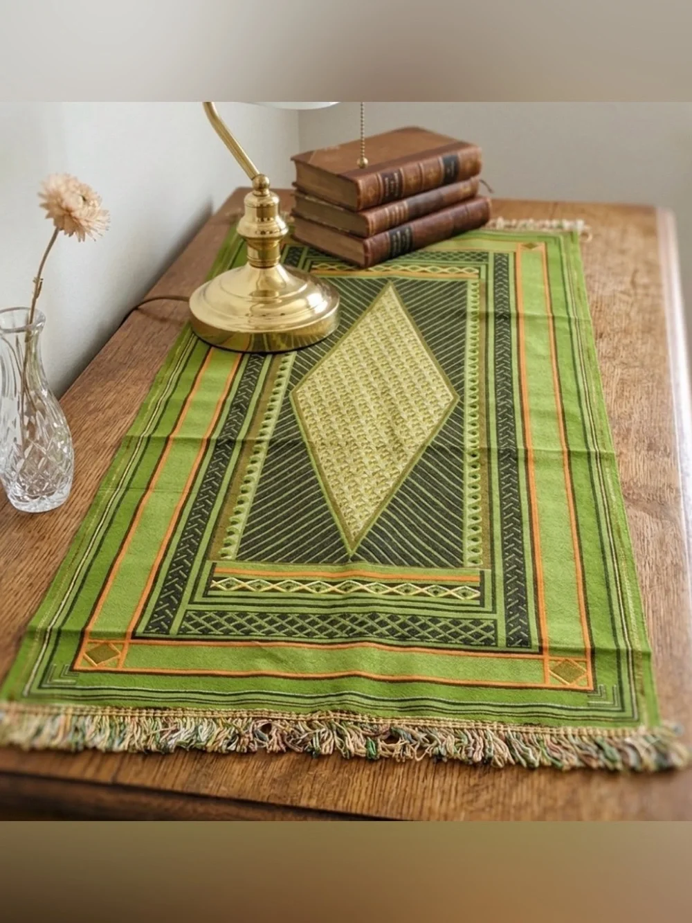 Vintage Caicara Brasil Woven Table Runner Green Orange Geometric Boho Fringe 33